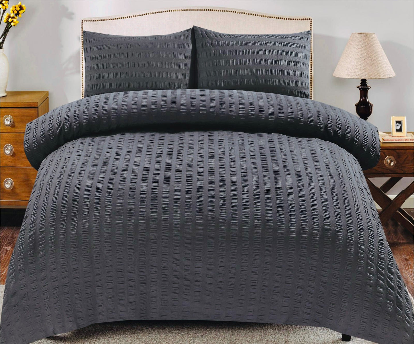 Amazing Premium Quality Seersucker Duvet Quilt Cover Set with Plain Dyed Matching-colour fitted sheet and Pillowcase