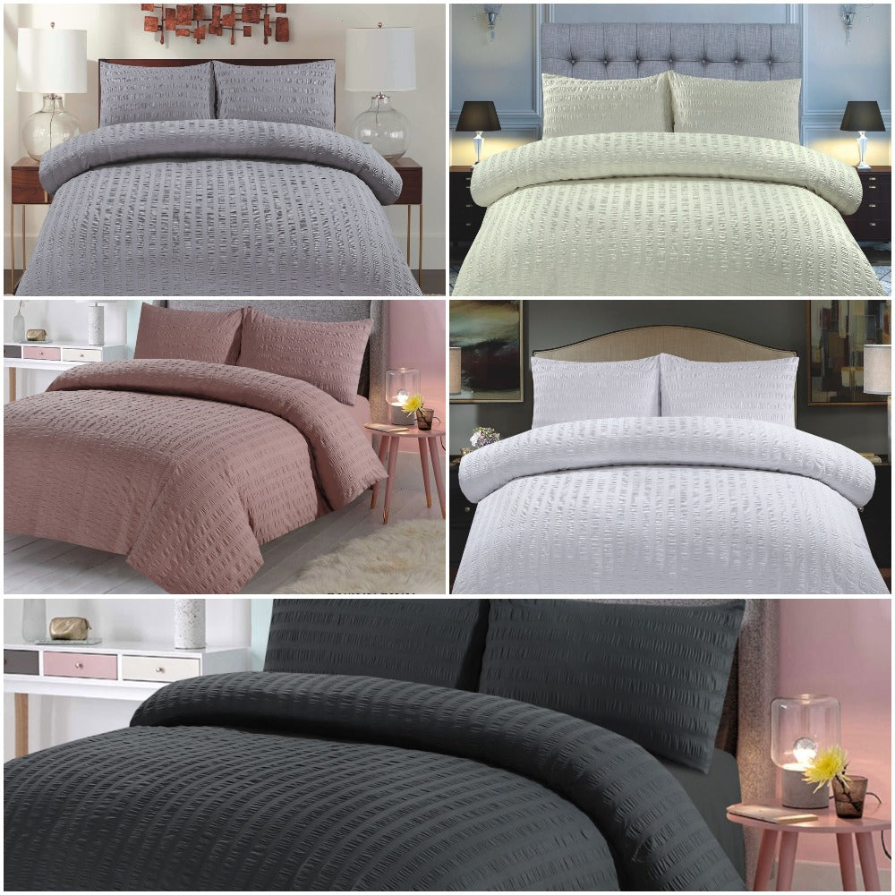 Amazing Premium Quality Seersucker Duvet Quilt Cover Set with Plain Dyed Matching-colour fitted sheet and Pillowcase