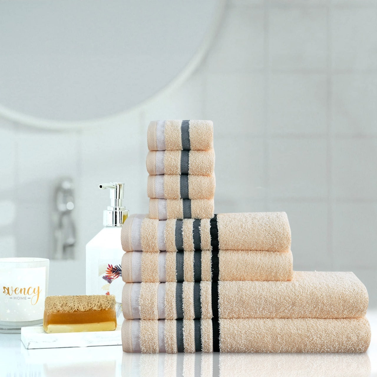 Stripe Style Towels 8-Piece Bale Set - Soft, Plush, and Fluffy 100% Woven Cotton - Versatile Sizes - Elegant Design - Hand, Face and Bath Towels