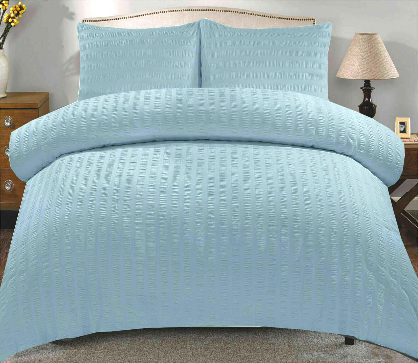 Amazing Premium Quality Seersucker Duvet Quilt Cover Set with Plain Dyed Matching-colour fitted sheet and Pillowcase
