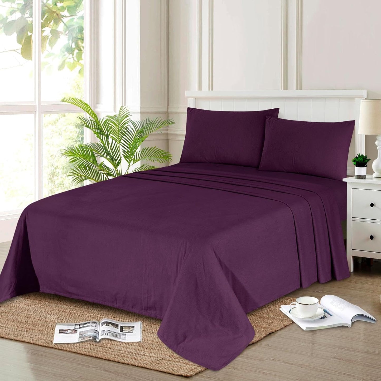 100% Soft Brushed Cotton Thermal Flannelette Extra Deep Sheet Fitted, Matching Flat Sheet with Pillowcases