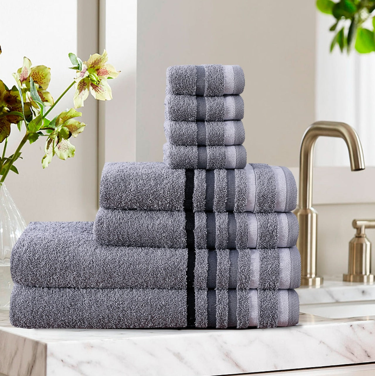 Stripe Style Towels 8-Piece Bale Set - Soft, Plush, and Fluffy 100% Woven Cotton - Versatile Sizes - Elegant Design - Hand, Face and Bath Towels