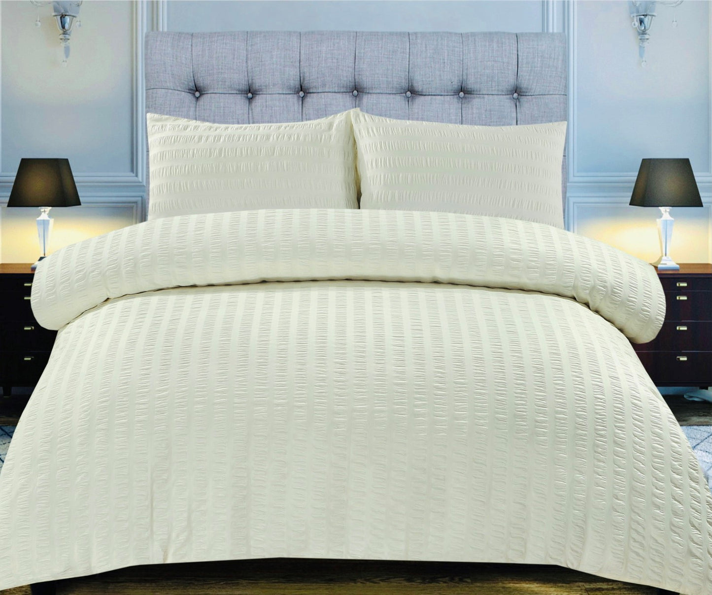 Amazing Premium Quality Seersucker Duvet Quilt Cover Set with Plain Dyed Matching-colour fitted sheet and Pillowcase