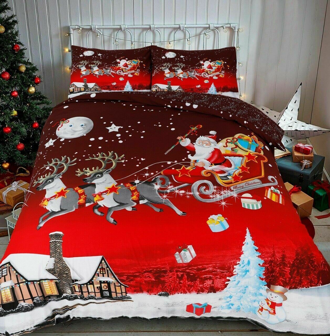 Luxurious Christmas Duvet Cover Sets 3D Xmax Design with Pillowcases Soft Fabric, Santa Claus, Festive Season, Snowman & Christmas Greetings