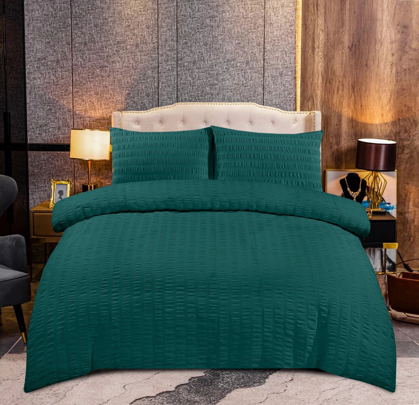 Amazing Premium Quality Seersucker Duvet Quilt Cover Set with Plain Dyed Matching-colour fitted sheet and Pillowcase