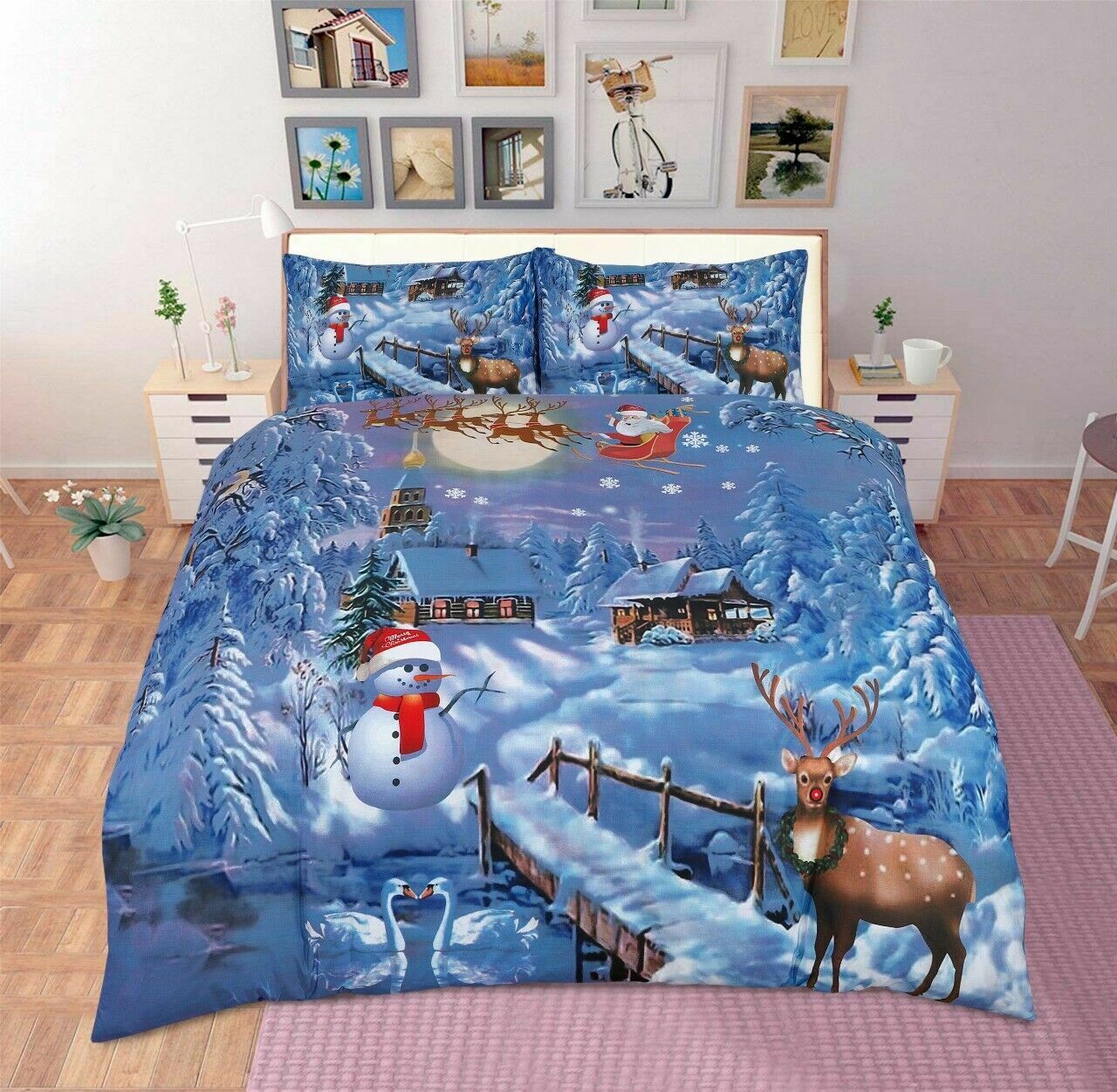 Luxurious Christmas Duvet Cover Sets 3D Xmax Design with Pillowcases Soft Fabric, Santa Claus, Festive Season, Snowman & Christmas Greetings