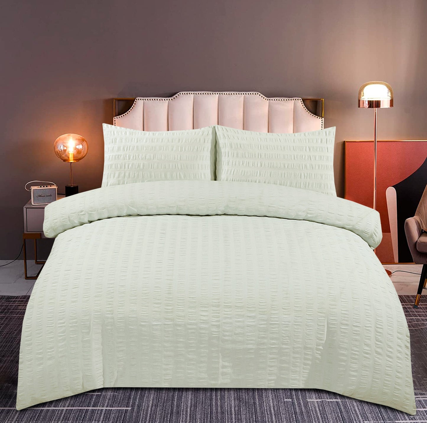 Amazing Premium Quality Seersucker Duvet Quilt Cover Set with Plain Dyed Matching-colour fitted sheet and Pillowcase