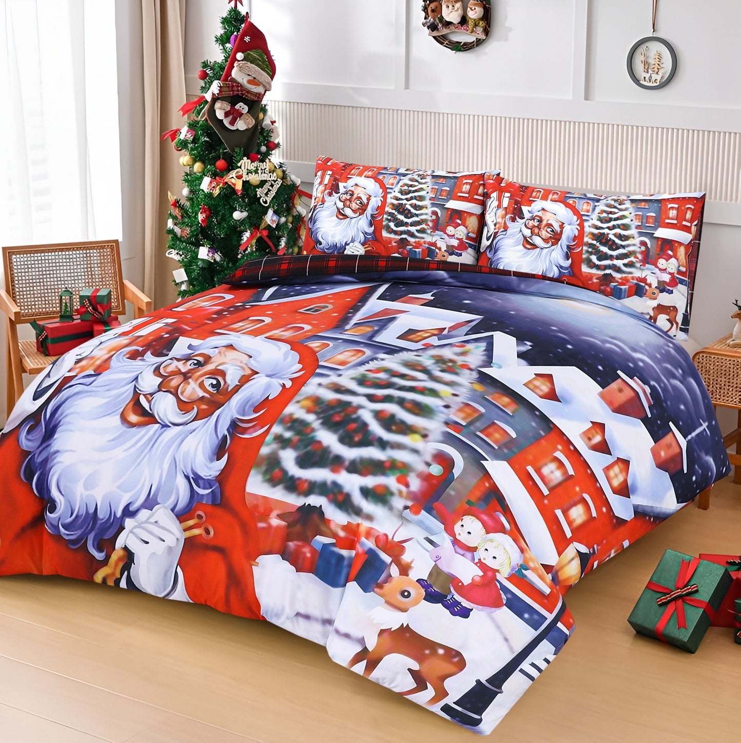 Luxurious Christmas Duvet Cover Sets 3D Xmax Design with Pillowcases Soft Fabric, Santa Claus, Festive Season, Snowman & Christmas Greetings