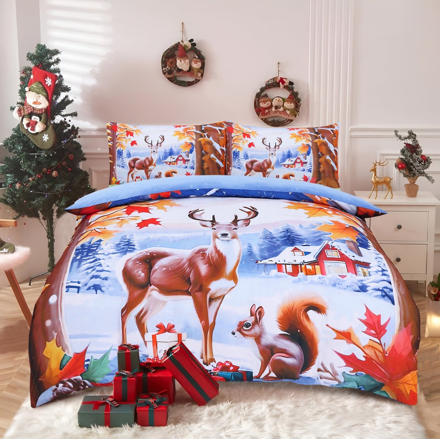 Luxurious Christmas Duvet Cover Sets 3D Xmax Design with Pillowcases Soft Fabric, Santa Claus, Festive Season, Snowman & Christmas Greetings